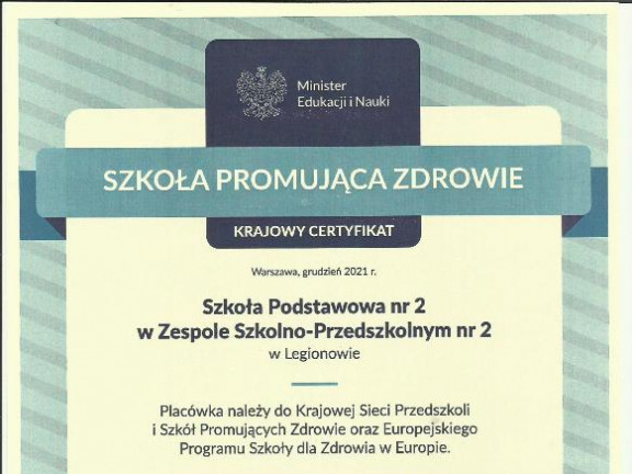 Obraz przedstawia Certyfikat dla ZSP2